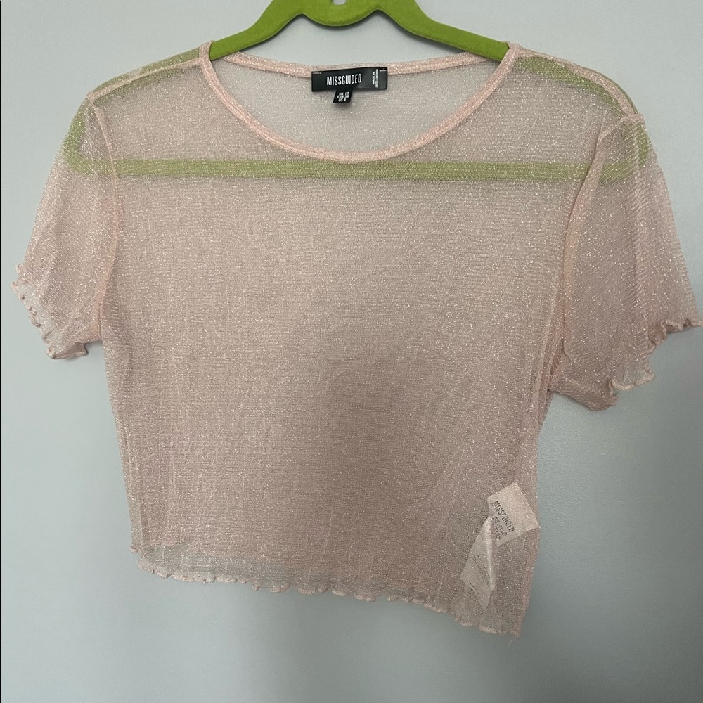 MISSGUIDED Pink sheer frilled crop top